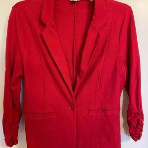 Ruby Red jersey knit 3/4 sleeve stretchy Cato blazer—so flattering!